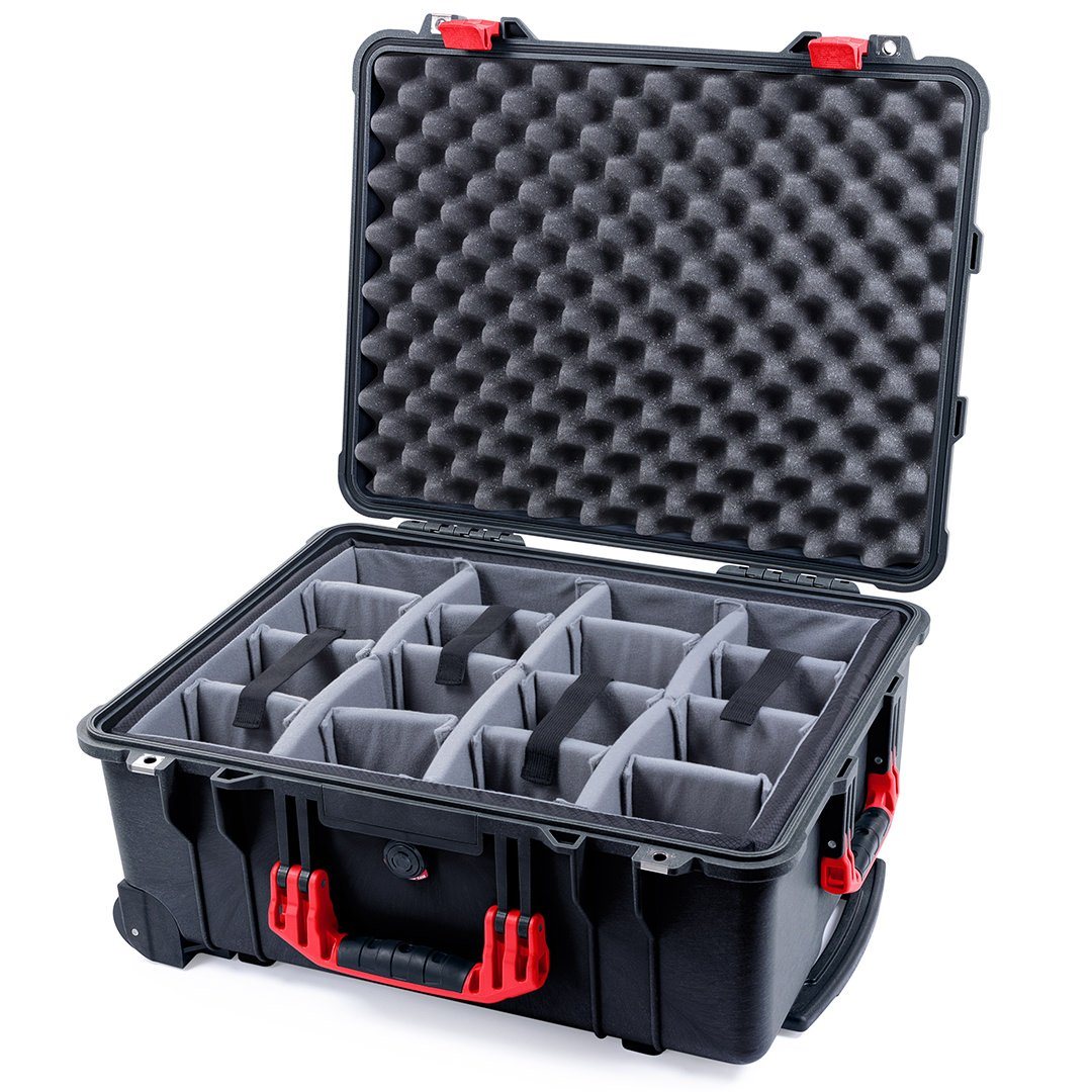 Pelican 1560 Case, Black with Red Handles & Latches Gray Padded Microfiber Dividers with Convolute Lid Foam ColorCase 015600-0070-110-320