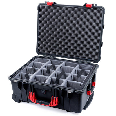 Pelican 1560 Case, Black with Red Handles & Latches Gray Padded Microfiber Dividers with Convolute Lid Foam ColorCase 015600-0070-110-320