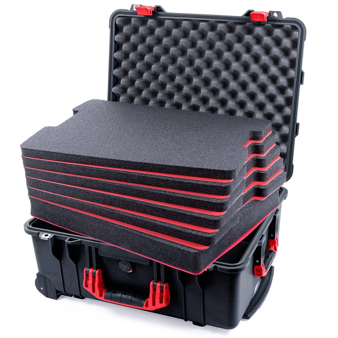 Pelican 1560 Case, Black with Red Handles &amp; Latches Custom Tool Kit (6 Foam Inserts with Convolute Lid Foam) ColorCase 015600-0060-110-320