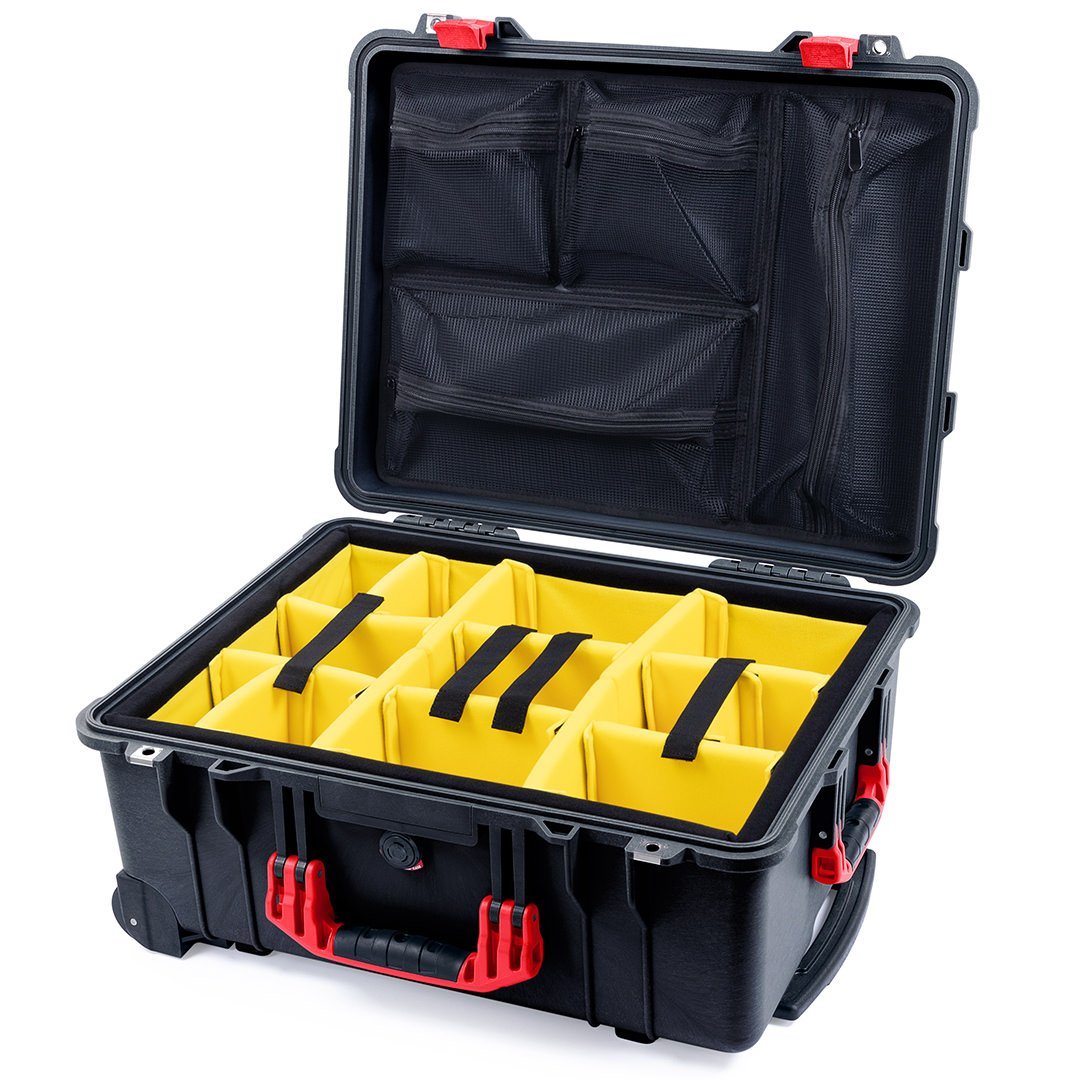 Pelican 1560 Case, Black with Red Handles &amp; Latches Yellow Padded Microfiber Dividers with Mesh Lid Organizer ColorCase 015600-0110-110-320