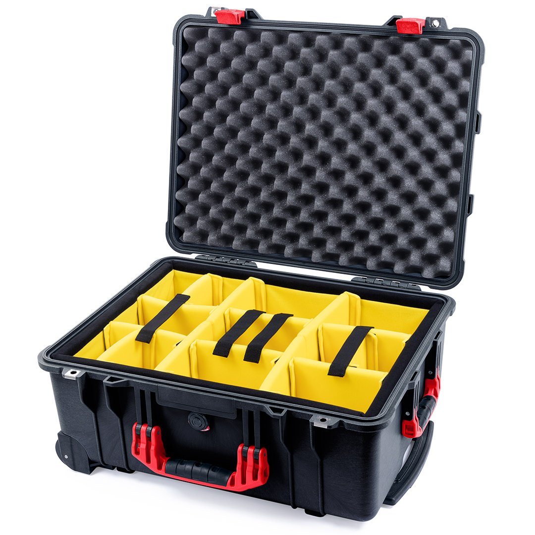 Pelican 1560 Case, Black with Red Handles &amp; Latches Yellow Padded Microfiber Dividers with Convolute Lid Foam ColorCase 015600-0010-110-320