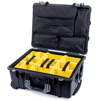 Pelican 1560 Case, Black with Silver Handles & Latches Yellow Padded Microfiber Dividers with Computer Pouch ColorCase 015600-0210-110-180