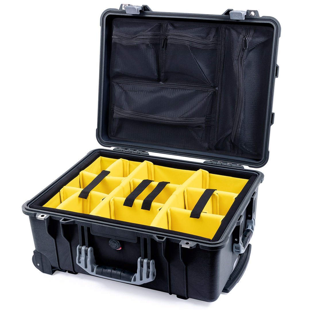 Pelican 1560 Case, Black with Silver Handles &amp; Latches Yellow Padded Microfiber Dividers with Mesh Lid Organizer ColorCase 015600-0110-110-180