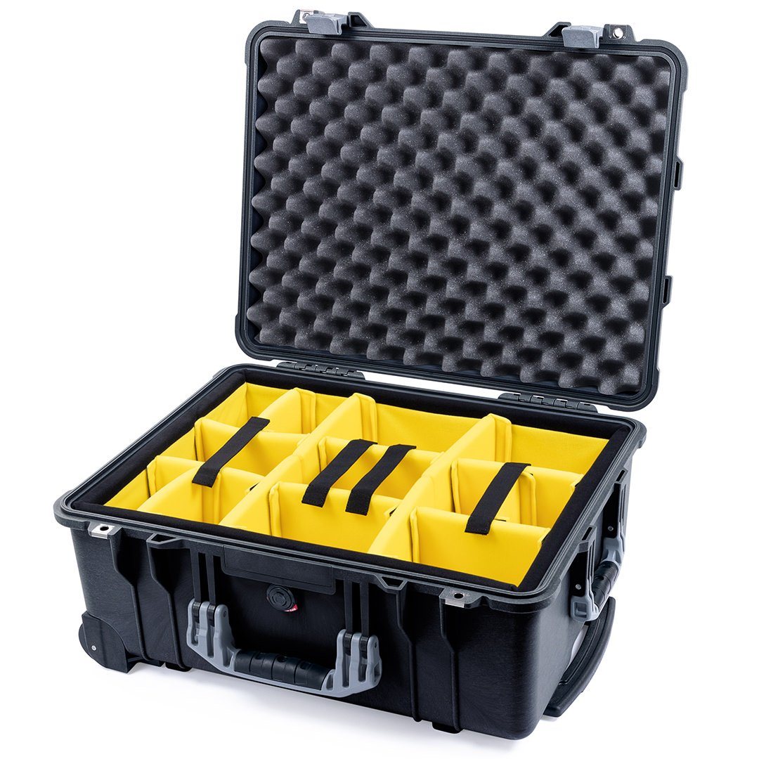 Pelican 1560 Case, Black with Silver Handles &amp; Latches Yellow Padded Microfiber Dividers with Convolute Lid Foam ColorCase 015600-0010-110-180