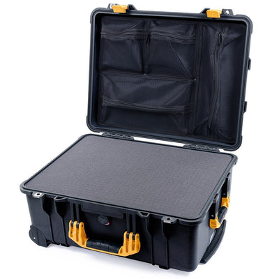 Pelican 1560 Case, Black with Yellow Handles & Latches Pick & Pluck Foam with Mesh Lid Organizer ColorCase 015600-0101-110-240