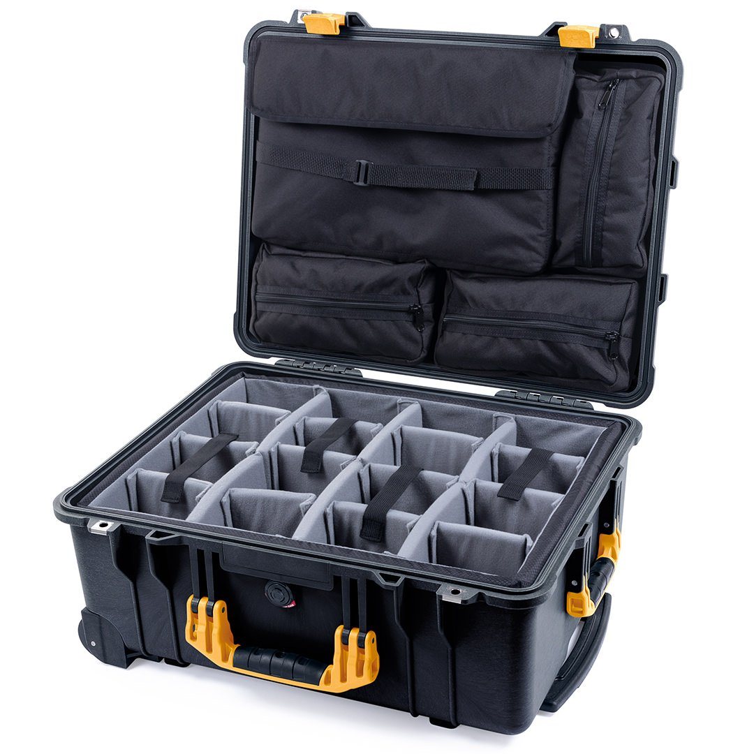 Pelican 1560 Case, Black with Yellow Handles &amp; Latches Gray Padded Microfiber Dividers with Computer Pouch ColorCase 015600-0270-110-240