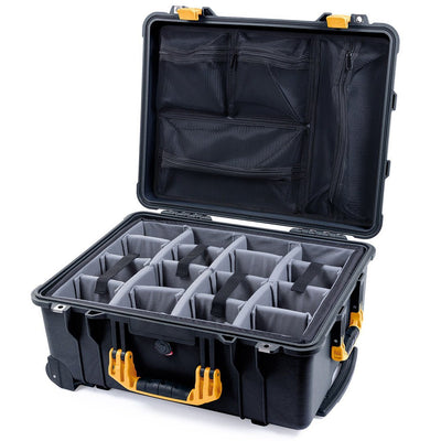 Pelican 1560 Case, Black with Yellow Handles & Latches Gray Padded Microfiber Dividers with Mesh Lid Organizer ColorCase 015600-0170-110-240