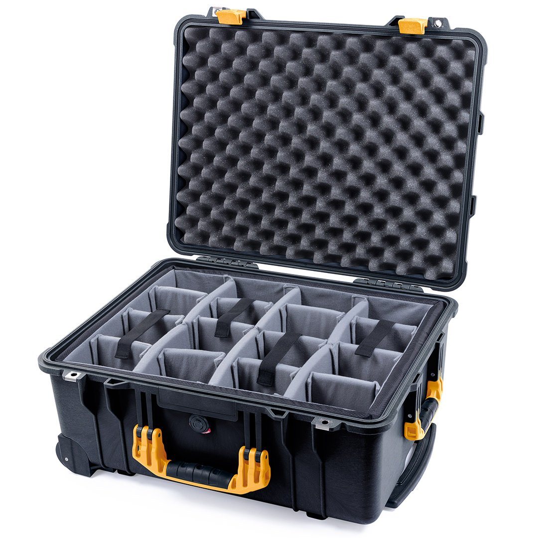Pelican 1560 Case, Black with Yellow Handles &amp; Latches Gray Padded Microfiber Dividers with Convolute Lid Foam ColorCase 015600-0070-110-240