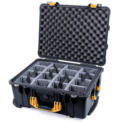 Pelican 1560 Case, Black with Yellow Handles & Latches Gray Padded Microfiber Dividers with Convolute Lid Foam ColorCase 015600-0070-110-240