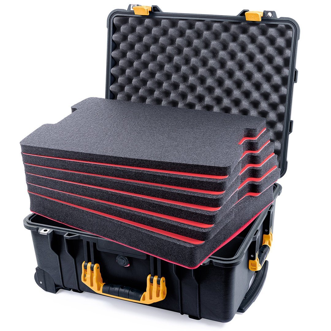 Pelican 1560 Case, Black with Yellow Handles &amp; Latches Custom Tool Kit (6 Foam Inserts with Convolute Lid Foam) ColorCase 015600-0060-110-240