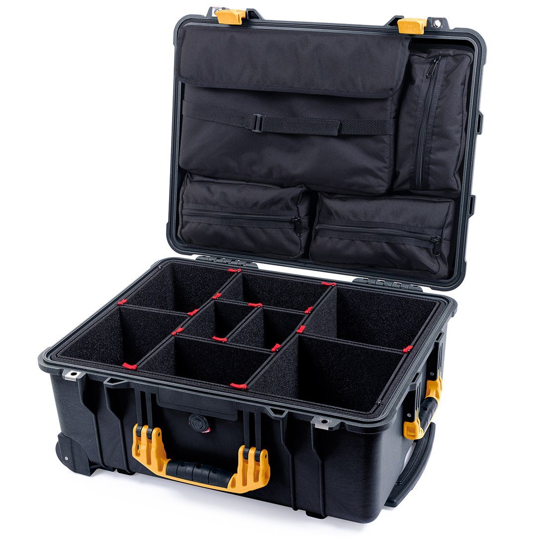 Pelican 1560 Case, Black with Yellow Handles &amp; Latches TrekPak Divider System with Computer Pouch ColorCase 015600-0220-110-240