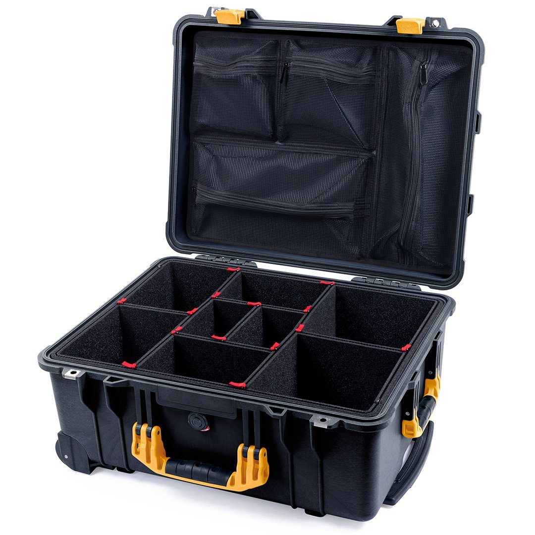 Pelican 1560 Case, Black with Yellow Handles &amp; Latches TrekPak Divider System with Mesh Lid Organizer ColorCase 015600-0120-110-240