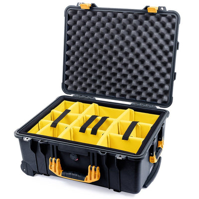 Pelican 1560 Case, Black with Yellow Handles & Latches Yellow Padded Microfiber Dividers with Convolute Lid Foam ColorCase 015600-0010-110-240