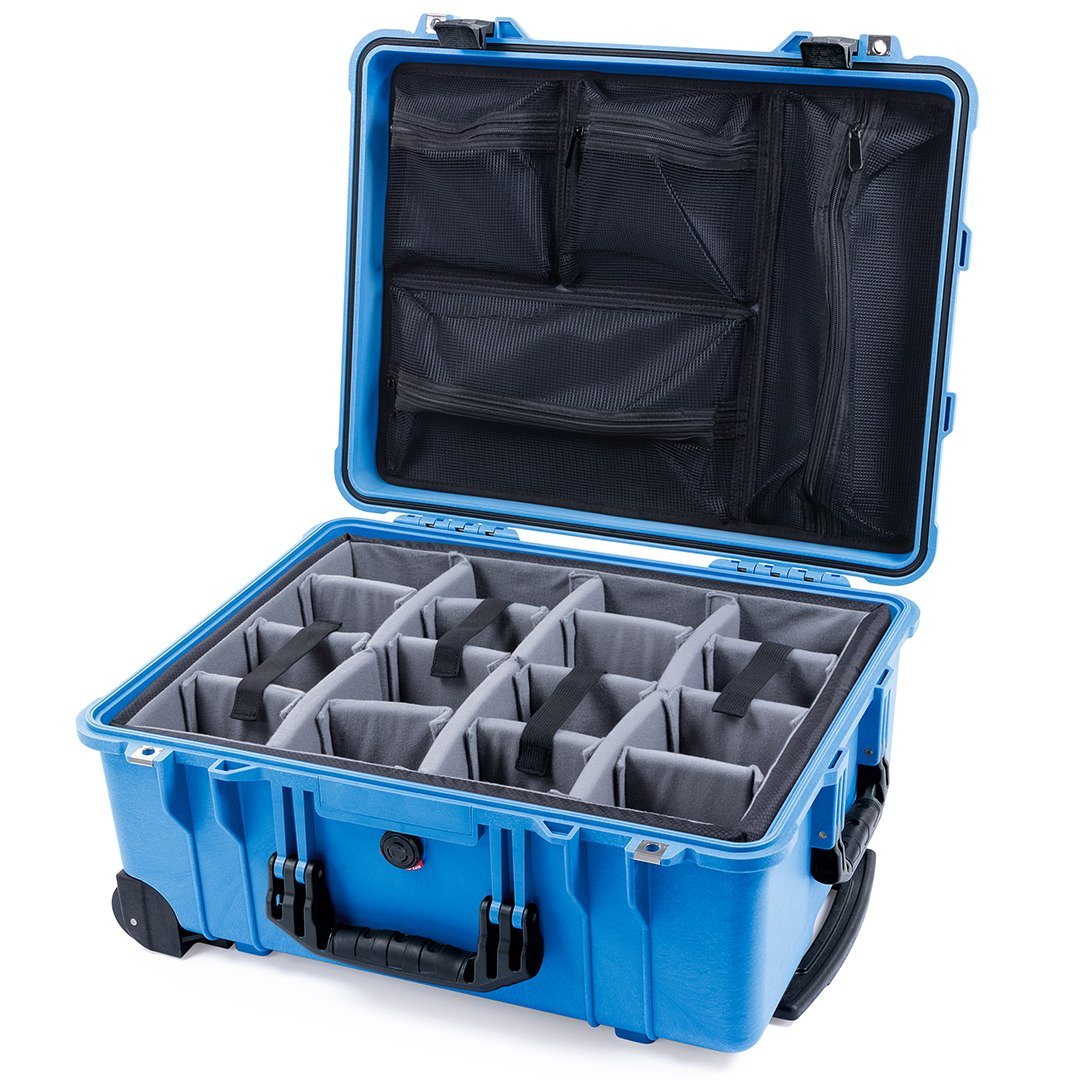 Pelican 1560 Case, Blue with Black Handles &amp; Latches Gray Padded Microfiber Dividers with Mesh Lid Organizer ColorCase 015600-0170-120-110