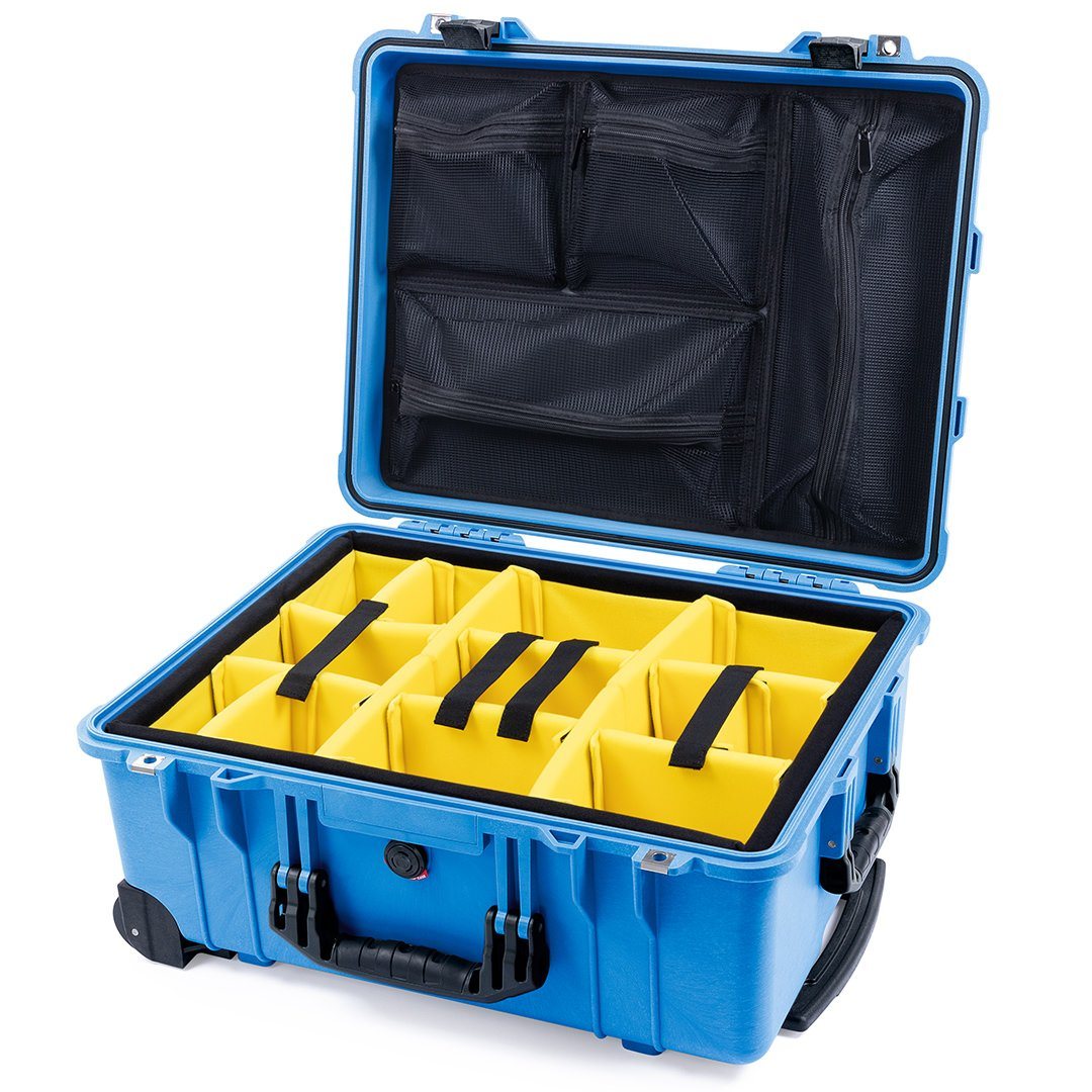 Pelican 1560 Case, Blue with Black Handles &amp; Latches Yellow Padded Microfiber Dividers with Mesh Lid Organizer ColorCase 015600-0110-120-110