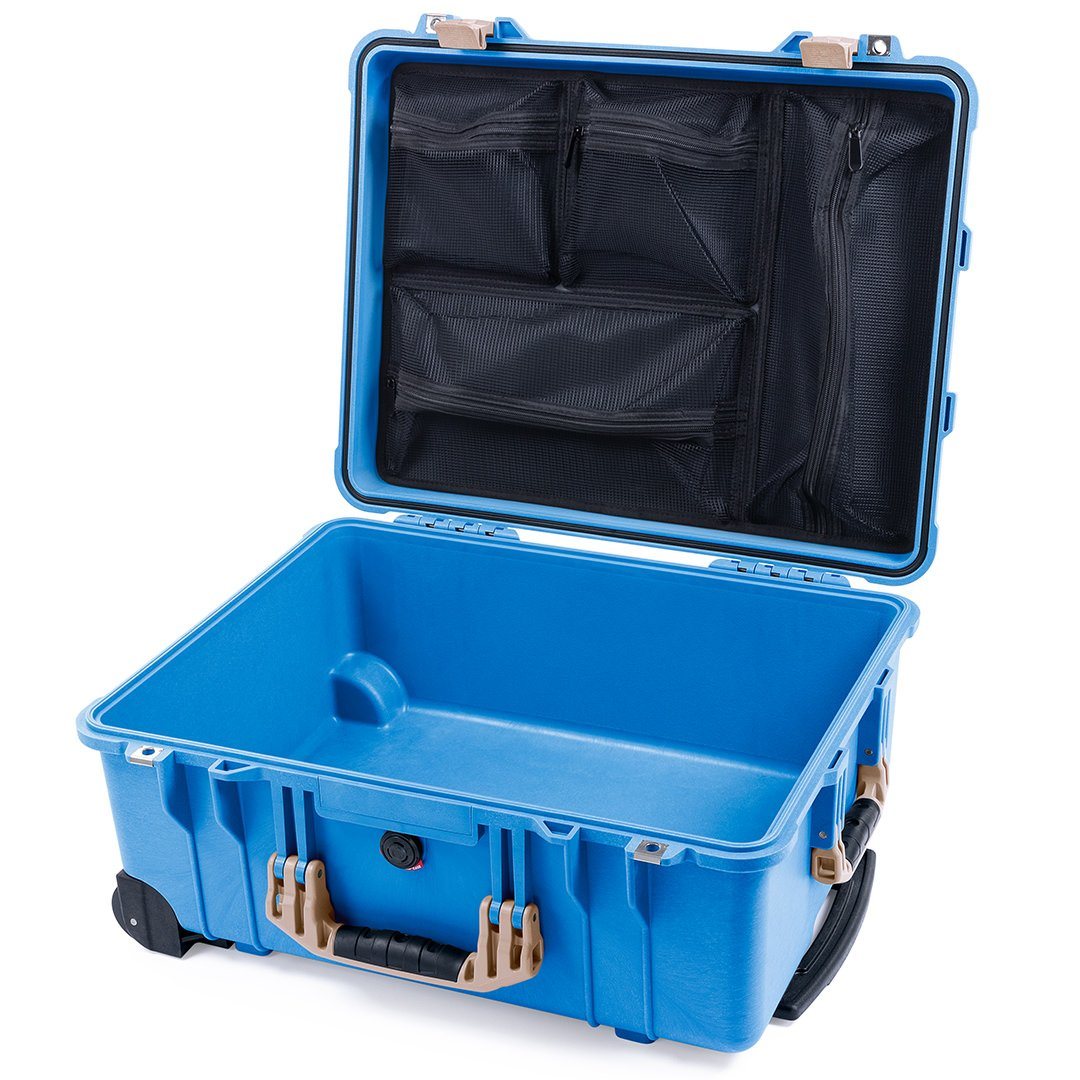 Pelican 1560 Case, Blue with Desert Tan Handles &amp; Latches Mesh Lid Organizer Only ColorCase 015600-0100-120-310