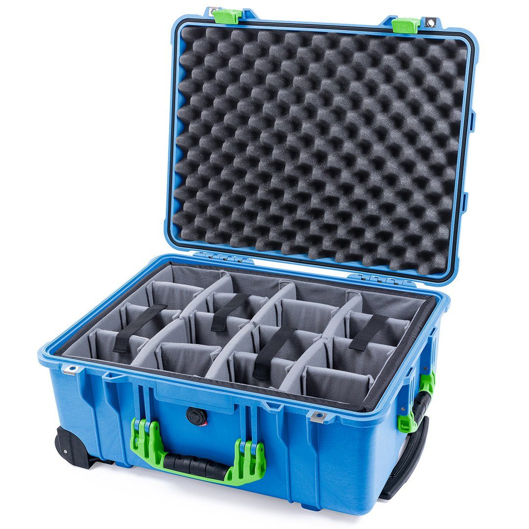 Pelican 1560 Case, Blue with Lime Green Handles &amp; Latches Gray Padded Microfiber Dividers with Convolute Lid Foam ColorCase 015600-0070-120-300