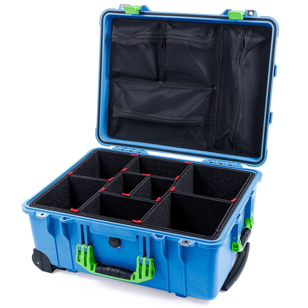 Pelican 1560 Case, Blue with Lime Green Handles &amp; Latches TrekPak Divider System with Mesh Lid Organizer ColorCase 015600-0120-120-300