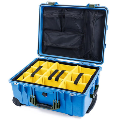 Pelican 1560 Case, Blue with OD Green Handles & Latches Yellow Padded Microfiber Dividers with Mesh Lid Organizer ColorCase 015600-0110-120-130