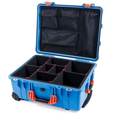 Pelican 1560 Case, Blue with Orange Handles & Latches TrekPak Divider System with Mesh Lid Organizer ColorCase 015600-0120-120-150