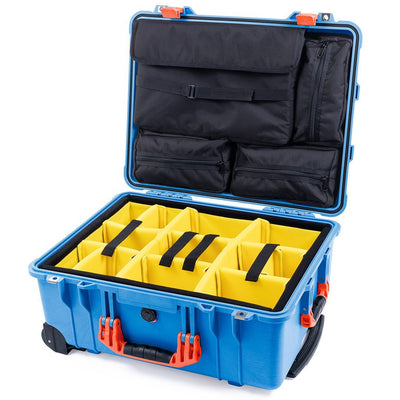 Pelican 1560 Case, Blue with Orange Handles & Latches Yellow Padded Microfiber Dividers with Computer Pouch ColorCase 015600-0210-120-150