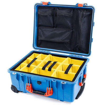 Pelican 1560 Case, Blue with Orange Handles & Latches Yellow Padded Microfiber Dividers with Mesh Lid Organizer ColorCase 015600-0110-120-150
