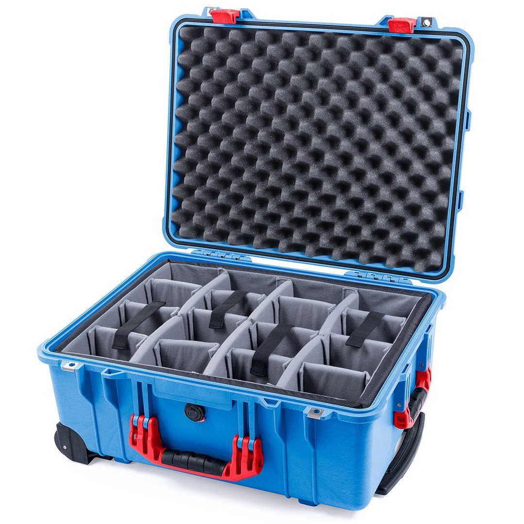 Pelican 1560 Case, Blue with Red Handles &amp; Latches Gray Padded Microfiber Dividers with Convolute Lid Foam ColorCase 015600-0070-120-320