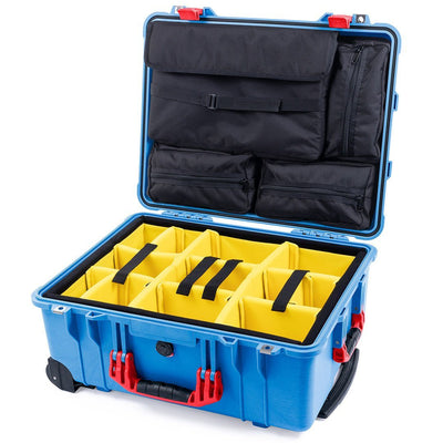 Pelican 1560 Case, Blue with Red Handles & Latches Yellow Padded Microfiber Dividers with Computer Pouch ColorCase 015600-0210-120-320