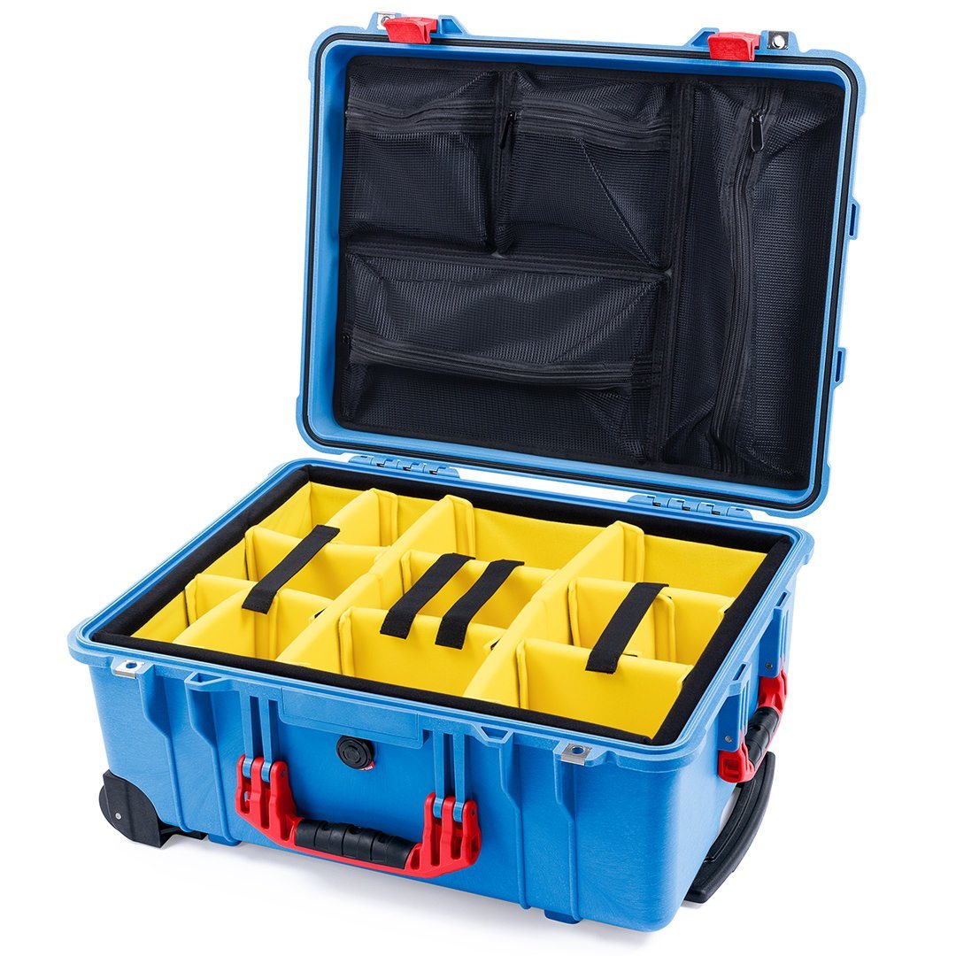 Pelican 1560 Case, Blue with Red Handles &amp; Latches Yellow Padded Microfiber Dividers with Mesh Lid Organizer ColorCase 015600-0110-120-320