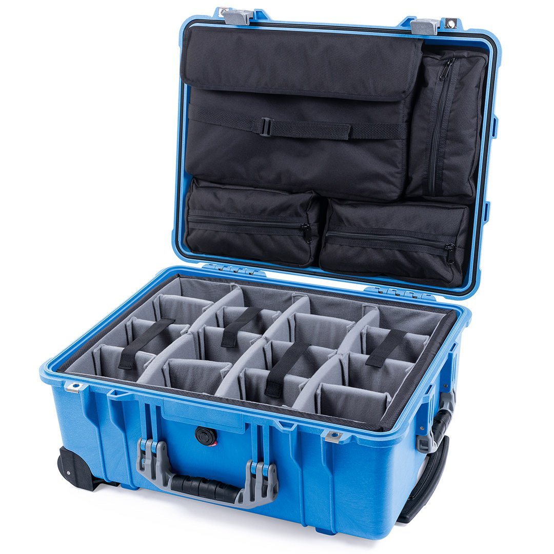 Pelican 1560 Case, Blue with Silver Handles &amp; Latches Gray Padded Microfiber Dividers with Computer Pouch ColorCase 015600-0270-120-180