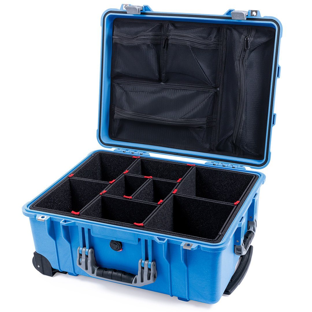Pelican 1560 Case, Blue with Silver Handles &amp; Latches TrekPak Divider System with Mesh Lid Organizer ColorCase 015600-0120-120-180