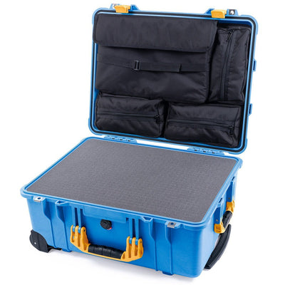 Pelican 1560 Case, Blue with Yellow Handles & Latches Pick & Pluck Foam with Computer Pouch ColorCase 015600-0201-120-240