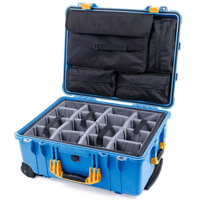 Pelican 1560 Case, Blue with Yellow Handles & Latches Gray Padded Microfiber Dividers with Computer Pouch ColorCase 015600-0270-120-240