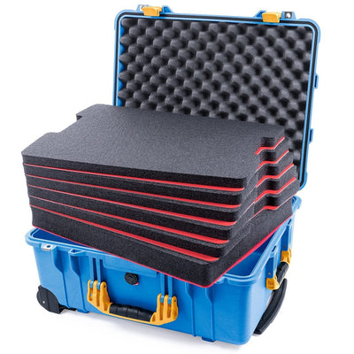 Pelican 1560 Case, Blue with Yellow Handles & Latches Custom Tool Kit (6 Foam Inserts with Convolute Lid Foam) ColorCase 015600-0060-120-240