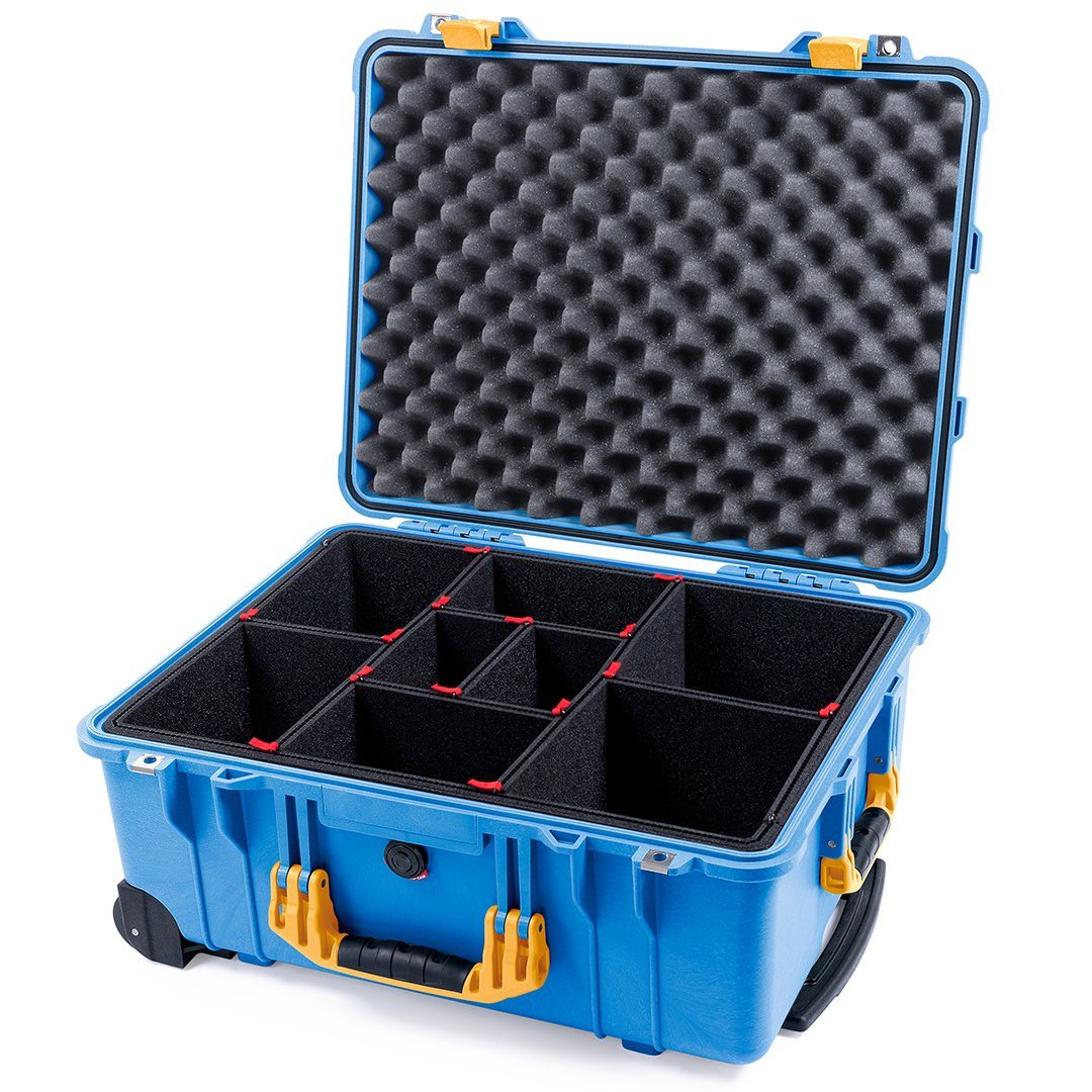 Pelican 1560 Case, Blue with Yellow Handles &amp; Latches TrekPak Divider System with Convolute Lid Foam ColorCase 015600-0020-120-240