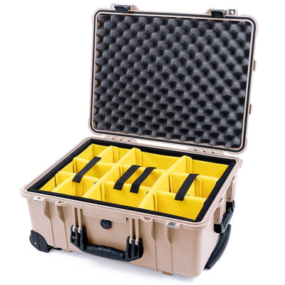 Pelican 1560 Case, Desert Tan with Black Handles & Latches Yellow Padded Microfiber Dividers with Convolute Lid Foam ColorCase 015600-0010-310-110