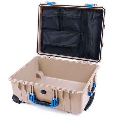 Pelican 1560 Case, Desert Tan with Blue Handles & Latches Mesh Lid Organizer Only ColorCase 015600-0100-310-120