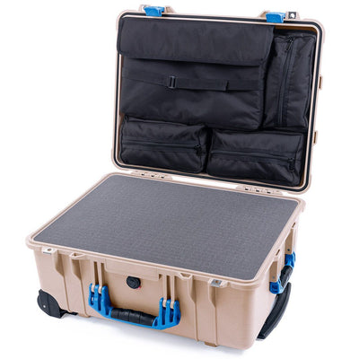 Pelican 1560 Case, Desert Tan with Blue Handles & Latches Pick & Pluck Foam with Computer Pouch ColorCase 015600-0201-310-120