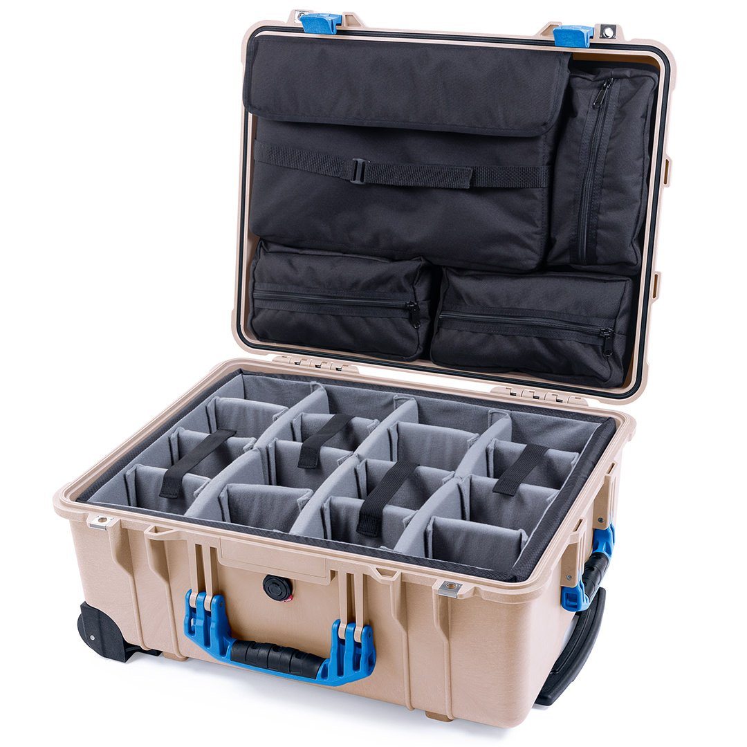 Pelican 1560 Case, Desert Tan with Blue Handles &amp; Latches Gray Padded Microfiber Dividers with Computer Pouch ColorCase 015600-0270-310-120