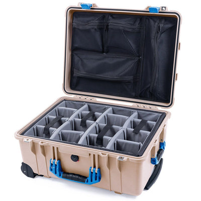 Pelican 1560 Case, Desert Tan with Blue Handles & Latches Gray Padded Microfiber Dividers with Mesh Lid Organizer ColorCase 015600-0170-310-120