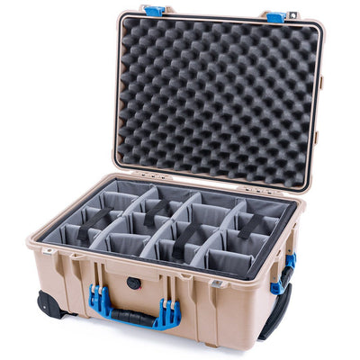 Pelican 1560 Case, Desert Tan with Blue Handles & Latches Gray Padded Microfiber Dividers with Convolute Lid Foam ColorCase 015600-0070-310-120