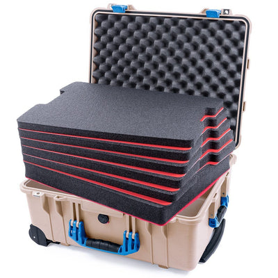 Pelican 1560 Case, Desert Tan with Blue Handles & Latches Custom Tool Kit (6 Foam Inserts with Convolute Lid Foam) ColorCase 015600-0060-310-120