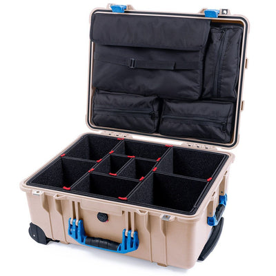 Pelican 1560 Case, Desert Tan with Blue Handles & Latches TrekPak Divider System with Computer Pouch ColorCase 015600-0220-310-120