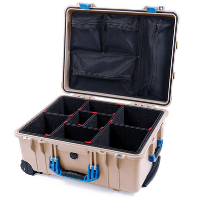 Pelican 1560 Case, Desert Tan with Blue Handles & Latches TrekPak Divider System with Mesh Lid Organizer ColorCase 015600-0120-310-120