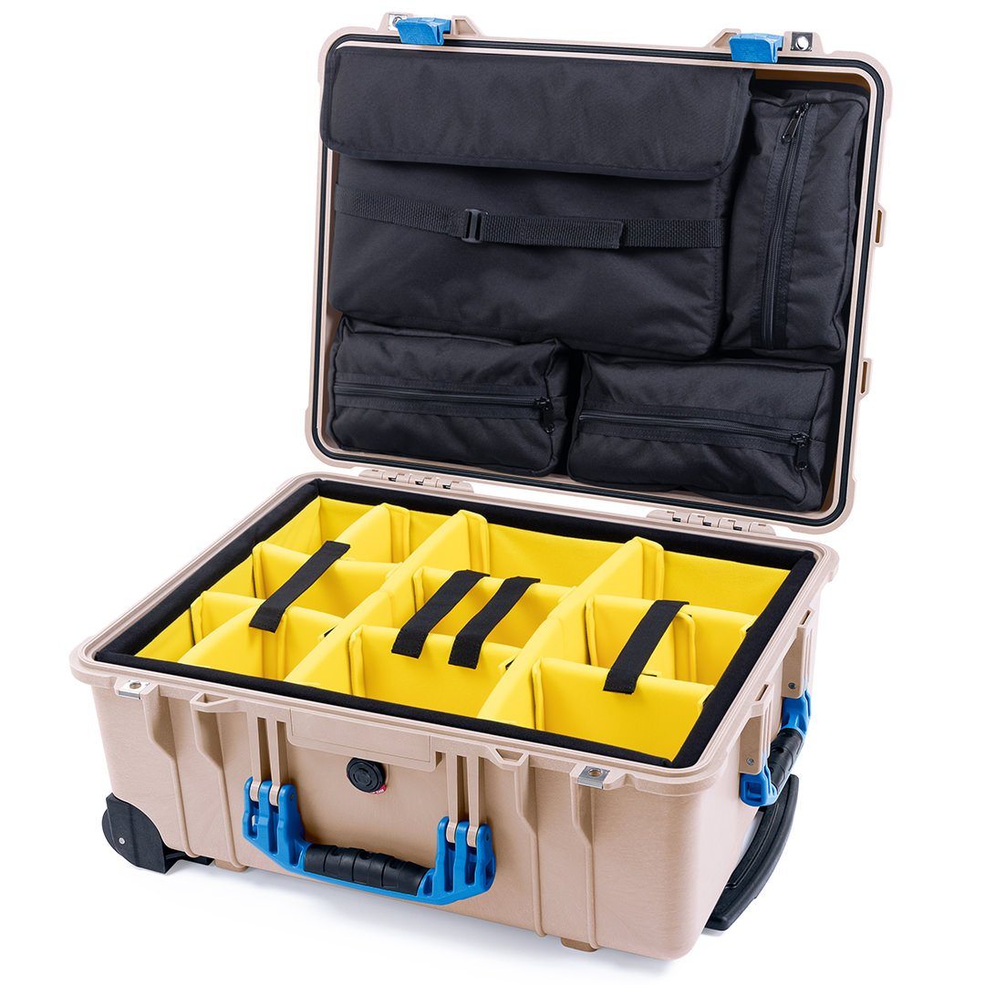 Pelican 1560 Case, Desert Tan with Blue Handles &amp; Latches Yellow Padded Microfiber Dividers with Computer Pouch ColorCase 015600-0210-310-120