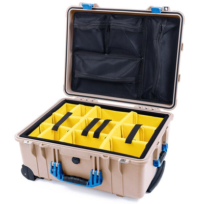 Pelican 1560 Case, Desert Tan with Blue Handles & Latches Yellow Padded Microfiber Dividers with Mesh Lid Organizer ColorCase 015600-0110-310-120