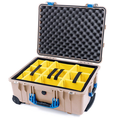 Pelican 1560 Case, Desert Tan with Blue Handles & Latches Yellow Padded Microfiber Dividers with Convolute Lid Foam ColorCase 015600-0010-310-120