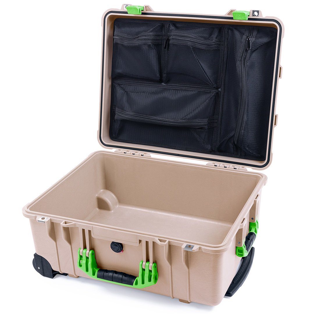 Pelican 1560 Case, Desert Tan with Lime Green Handles &amp; Latches Mesh Lid Organizer Only ColorCase 015600-0100-310-300