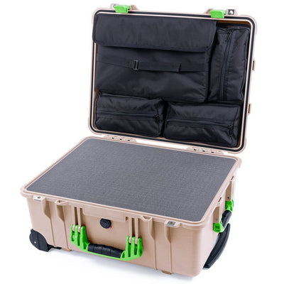 Pelican 1560 Case, Desert Tan with Lime Green Handles & Latches Pick & Pluck Foam with Computer Pouch ColorCase 015600-0201-310-300