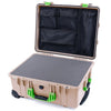 Pelican 1560 Case, Desert Tan with Lime Green Handles & Latches Pick & Pluck Foam with Mesh Lid Organizer ColorCase 015600-0101-310-300